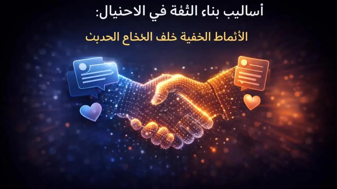تصميم مفاهيمي لمحادثة رقمية تتشكل تدريجيًا على هيئة مصافحة ترمز لبناء الثقة الزائف