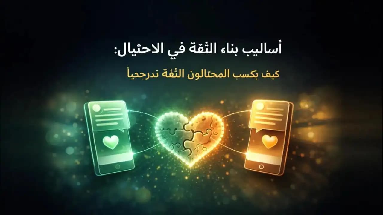 تصميم مفاهيمي لمحادثة رقمية تتحول إلى مصافحة ترمز إلى بناء ثقة زائفة