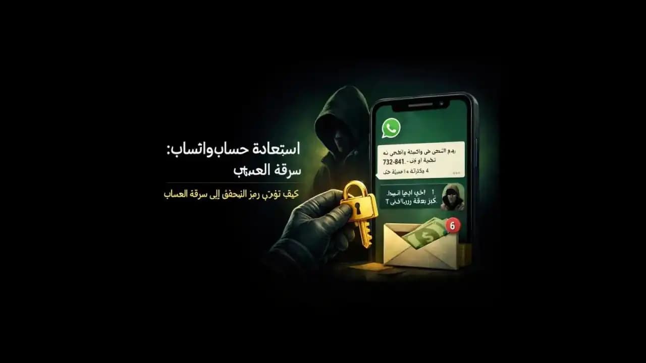 شاشة هاتف تعرض رسالة رمز تحقق من واتساب مع طلب استعادة مشبوه