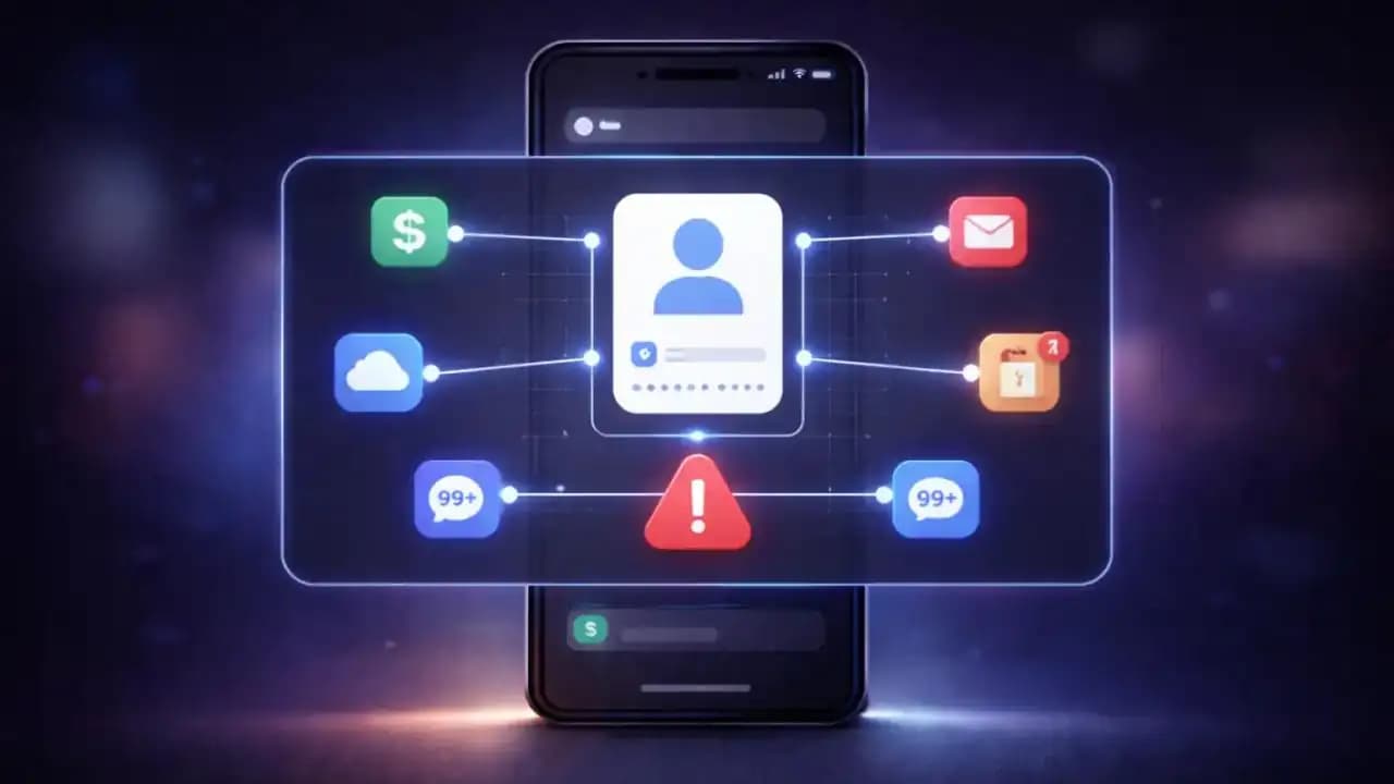 هاتف ذكي يعرض حسابات رقمية مترابطة مع إبراز نقاط الضعف المحتملة