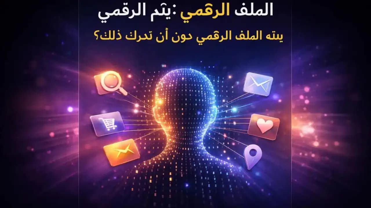 تصميم تجريدي يوضح بناء الملف الرقمي من نقاط بيانات وسلوكيات المستخدم