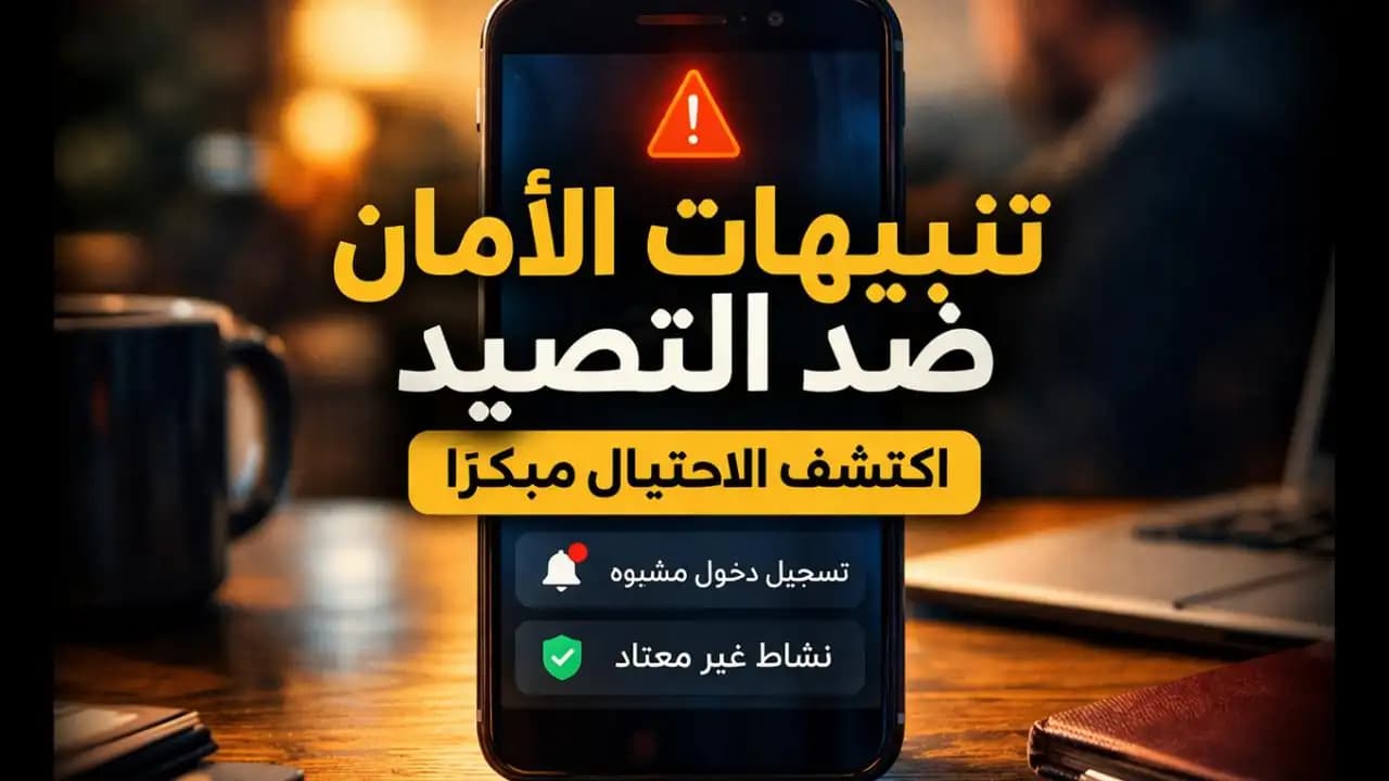 هاتف يعرض تنبيه أمان عن تسجيل دخول مشبوه ورسالة تصيد