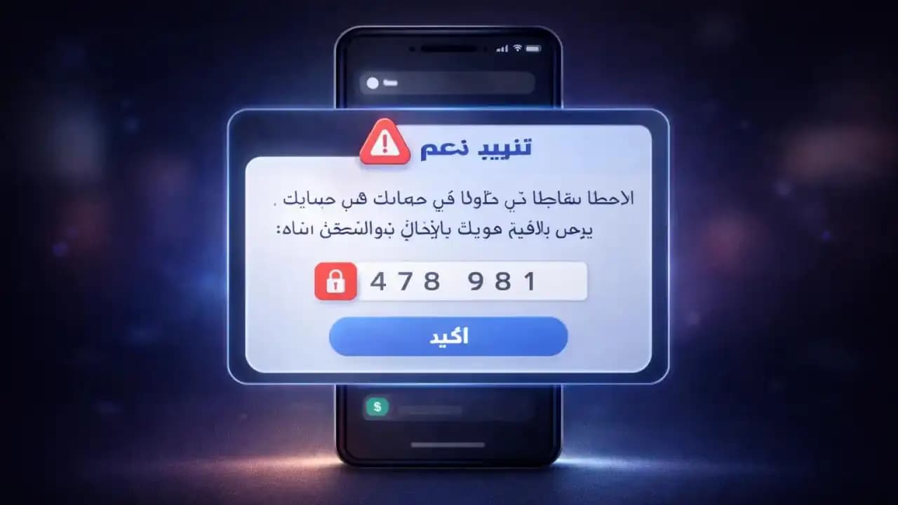 هاتف ذكي يعرض رسالة دعم مزيفة تطلب رمز تحقق داخل واجهة حديثة