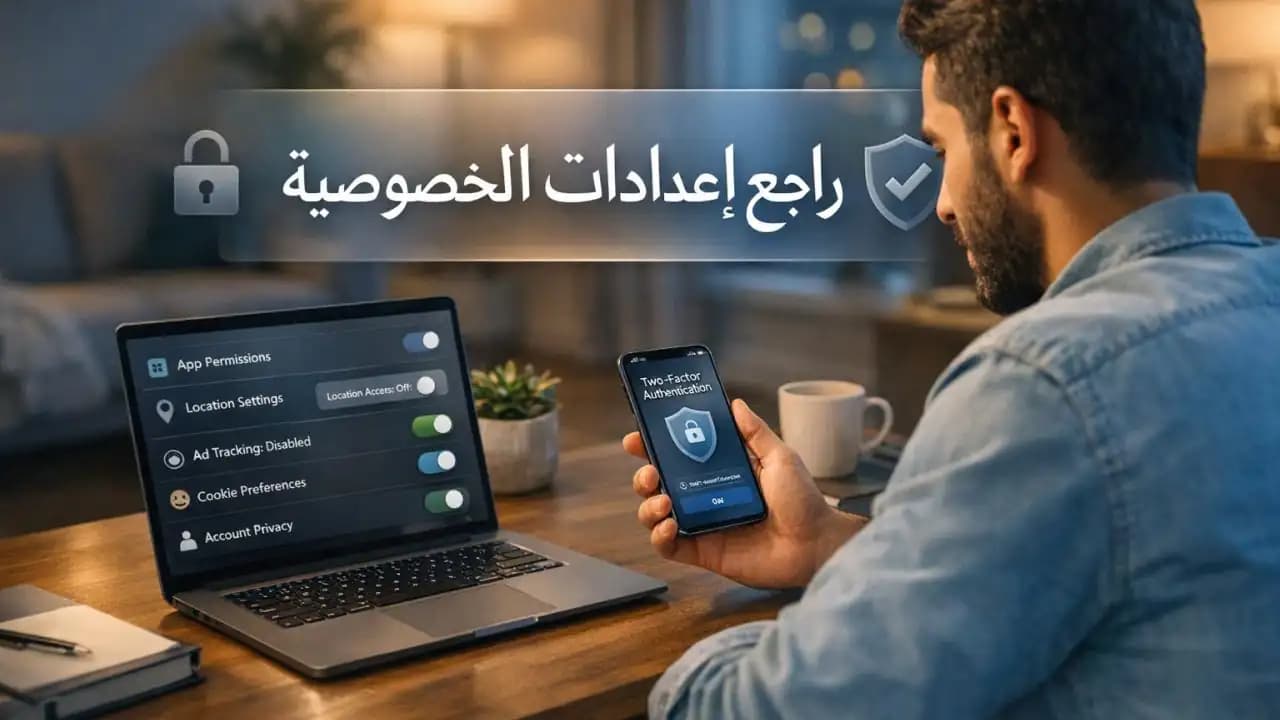شخص يراجع إعدادات الخصوصية على الهاتف والكمبيوتر لحماية بياناته على الإنترنت