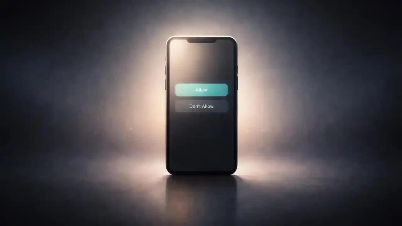 Minimal smartphone centered against a dark gradient, symbolizing thoughtful app permission decisions