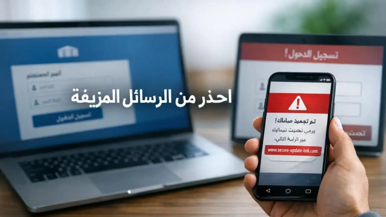 شخص ينظر بقلق إلى رسالة مصرفية مزيفة تبدو رسمية على هاتفه