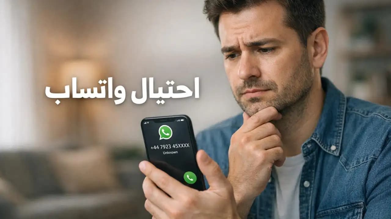 شخص ينظر بقلق إلى مكالمة واتساب مشبوهة على شاشة الهاتف