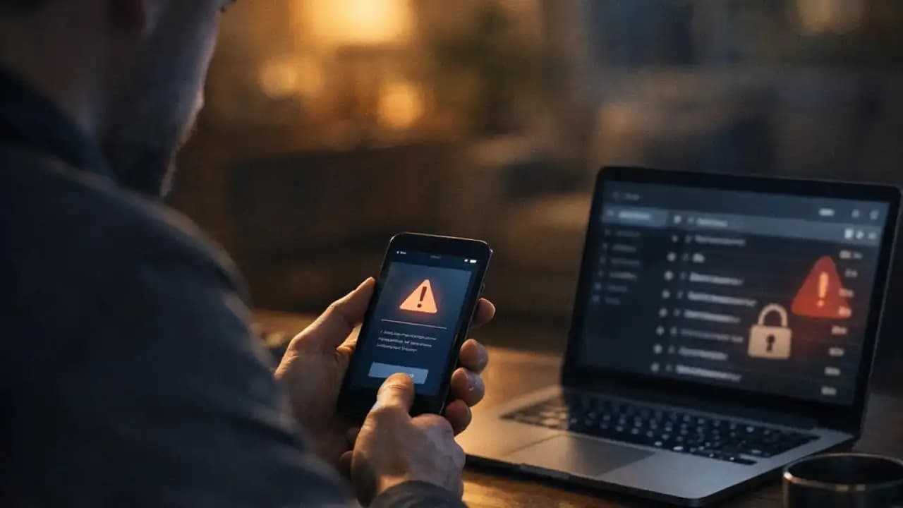 شخص ينظر إلى رسالة مريبة لتأكيد الحساب على هاتفه أثناء استخدام حاسوب محمول في المنزل