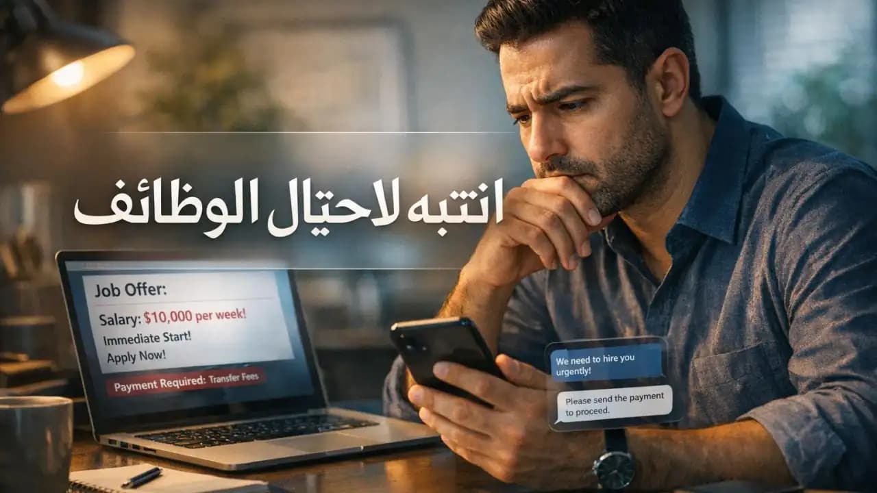 شخص يراجع رسالة توظيف مشبوهة على الكمبيوتر والهاتف