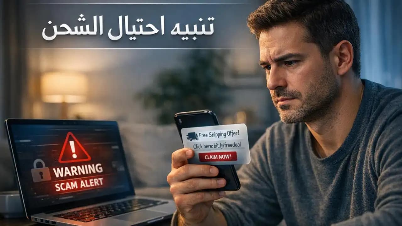 شخص ينظر إلى هاتف يعرض رسالة شحن مجانية مشبوهة بينما تظهر على الكمبيوتر رسالة تحذير أمنية