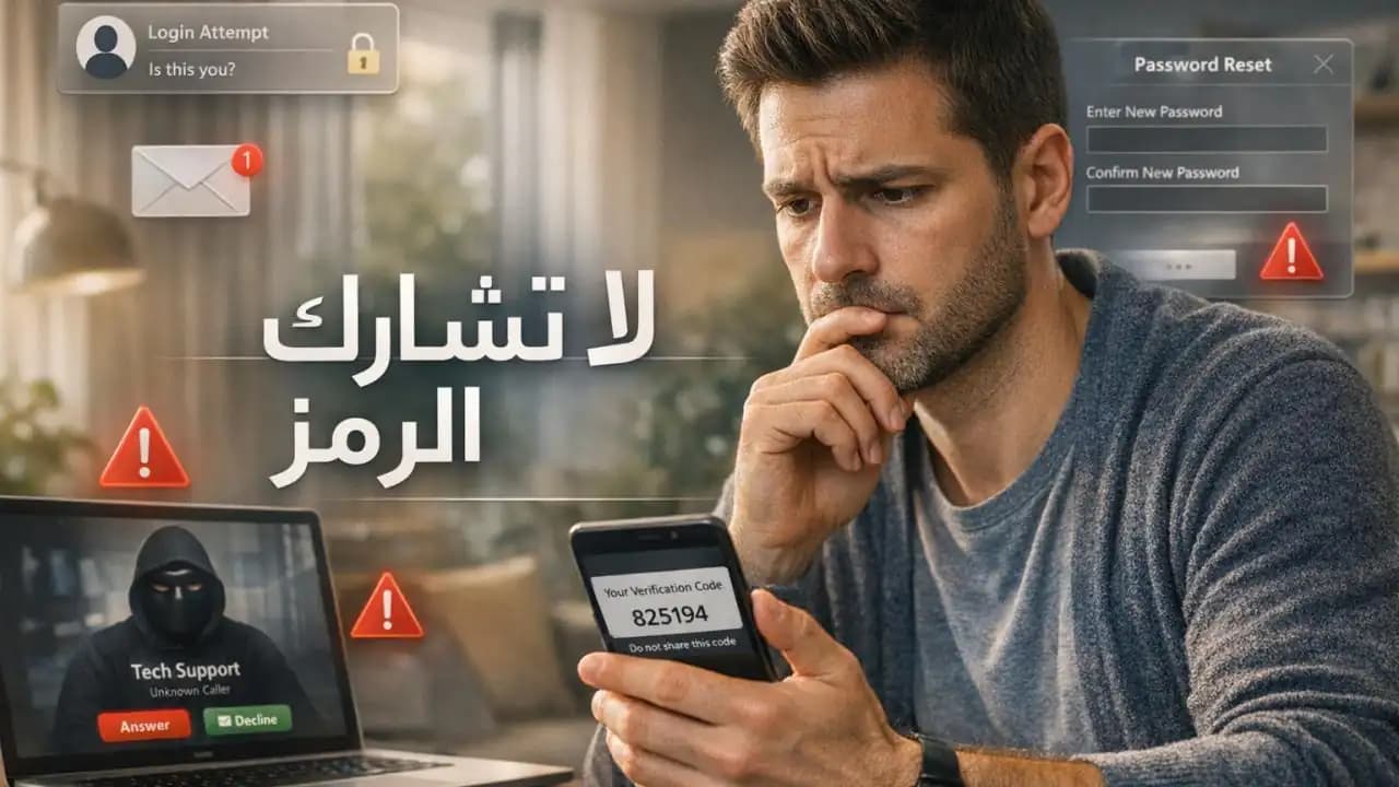 شخص ينظر إلى رسالة تحتوي على رمز تحقق على الهاتف بينما تصله مكالمة مشبوهة من جهة تدعي الدعم