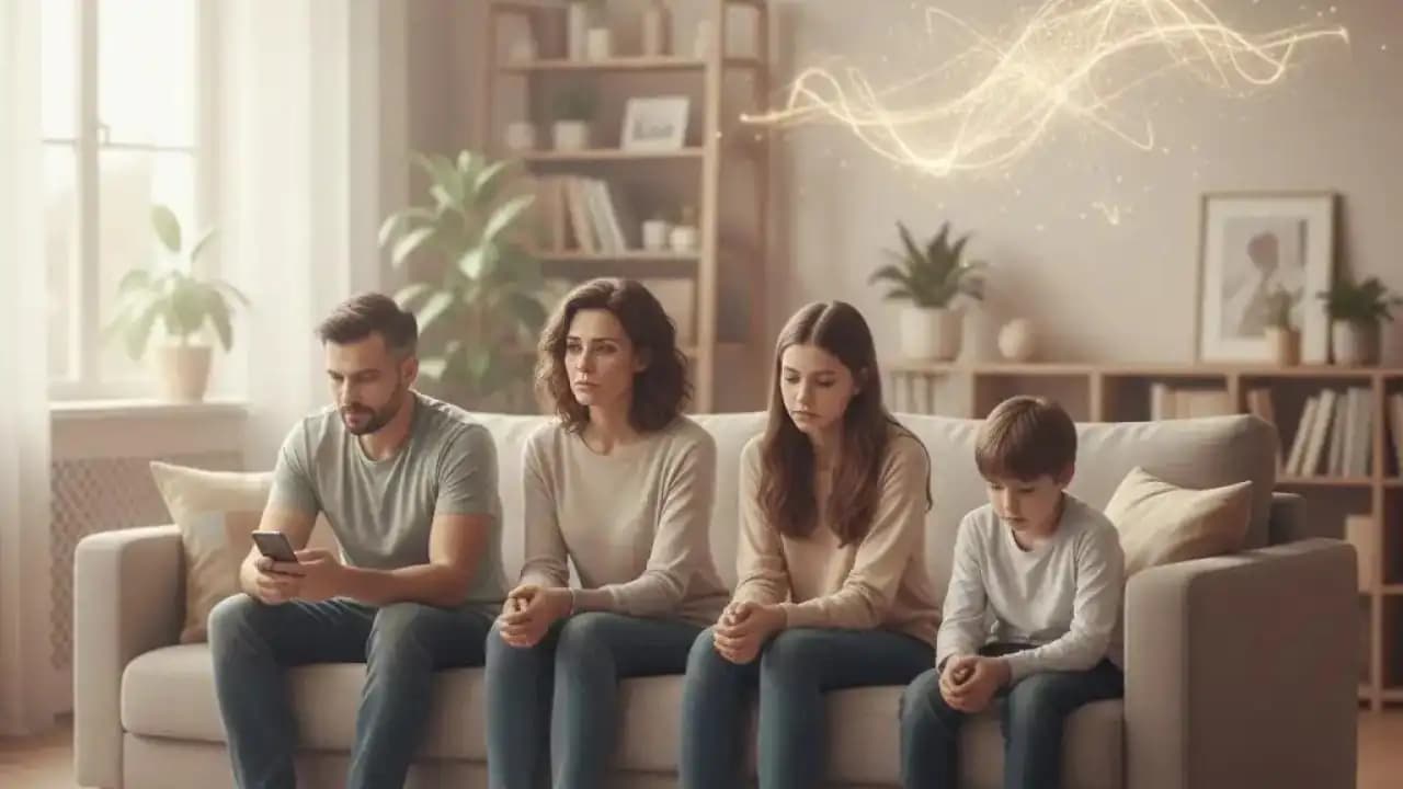 أسرة تجلس معًا داخل المنزل مع شعور بالمسافة العاطفية