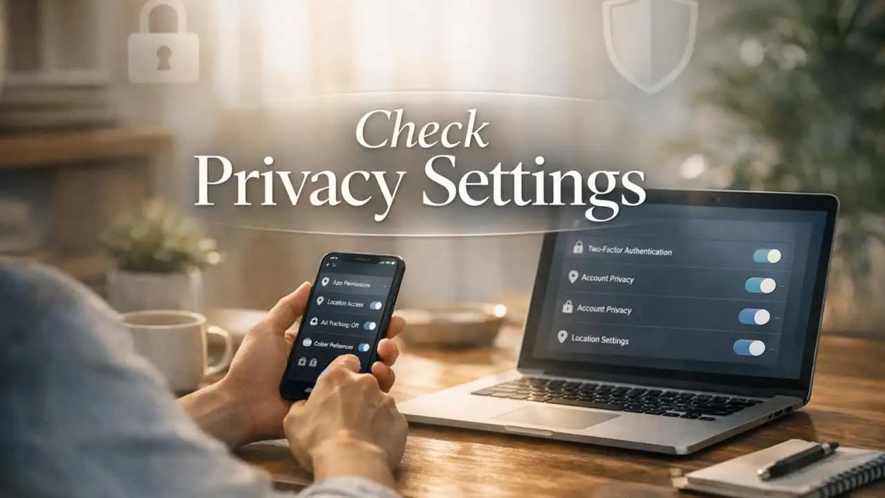 Person reviewing privacy settings on a phone and laptop to protect personal data online