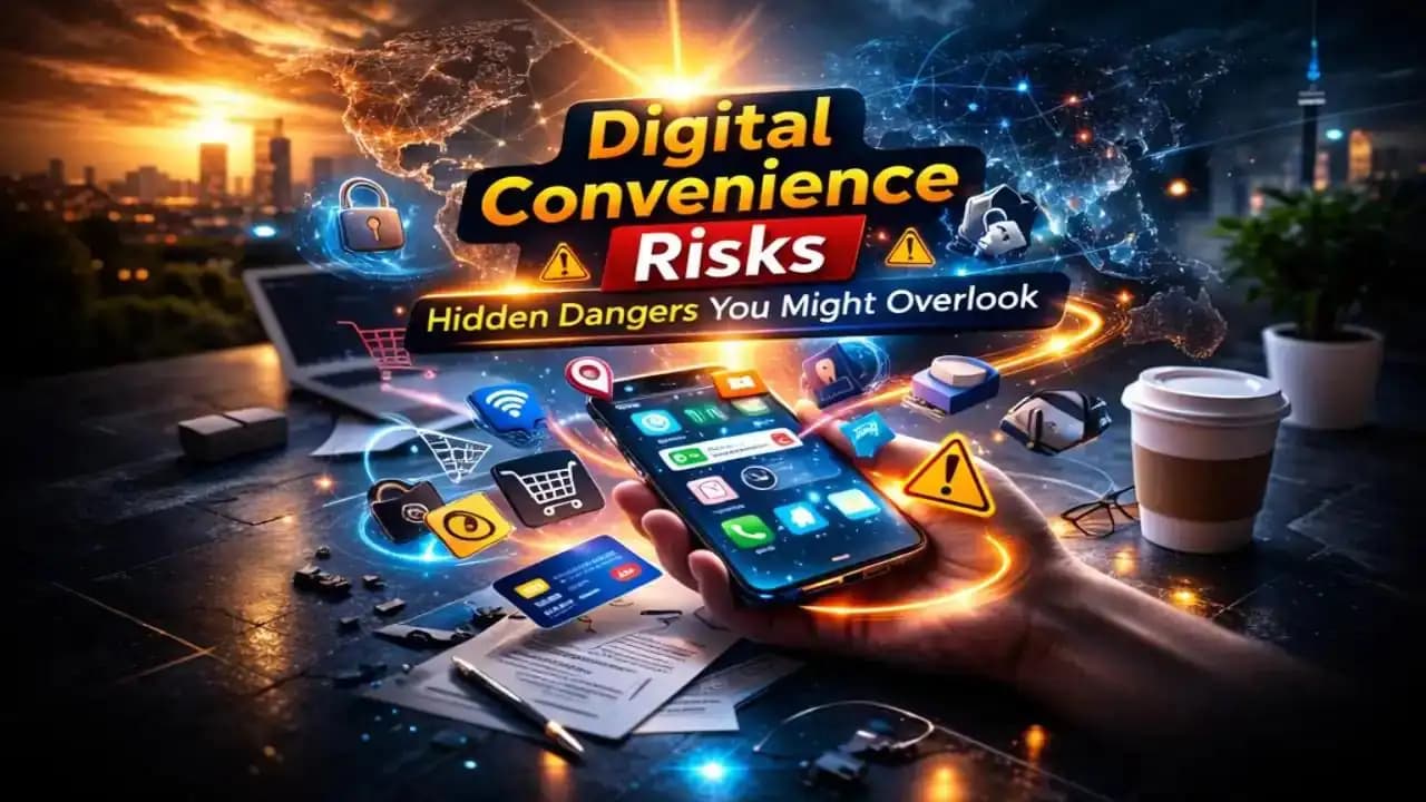 Smartphone with seamless app icons and subtle warning symbols representing digital convenience risks