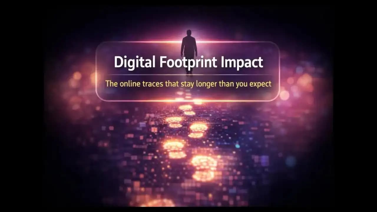 Abstract illustration of a person walking on a glowing digital path representing digital footprint impact