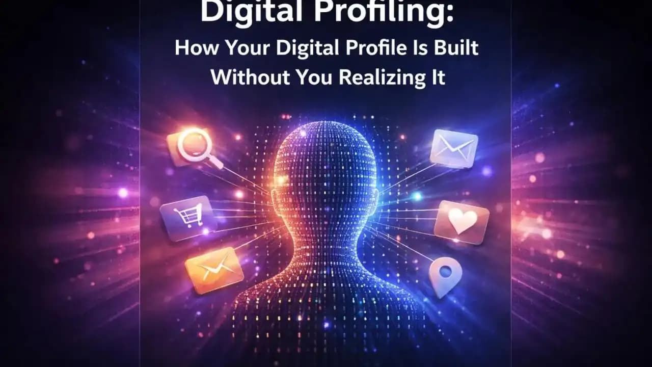 Abstract illustration of digital profiling showing a user silhouette formed by data points and behavioral signals