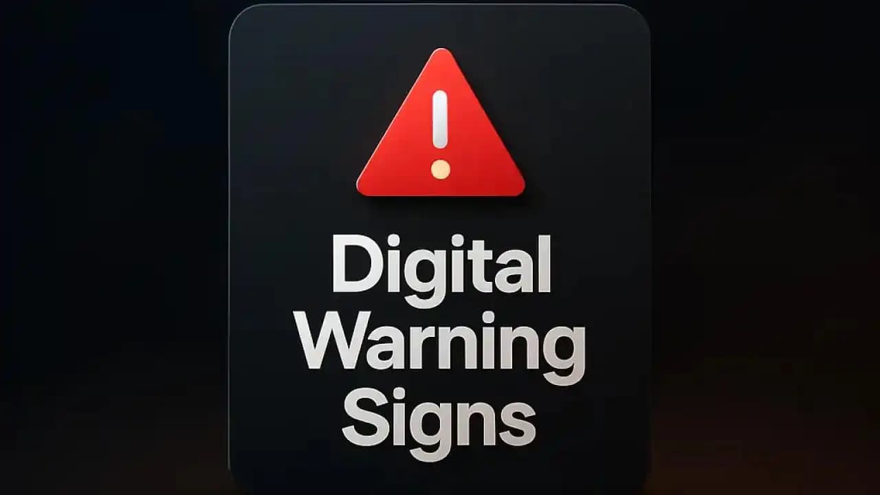 Digital warning sign icon with bold text on dark cinematic background
