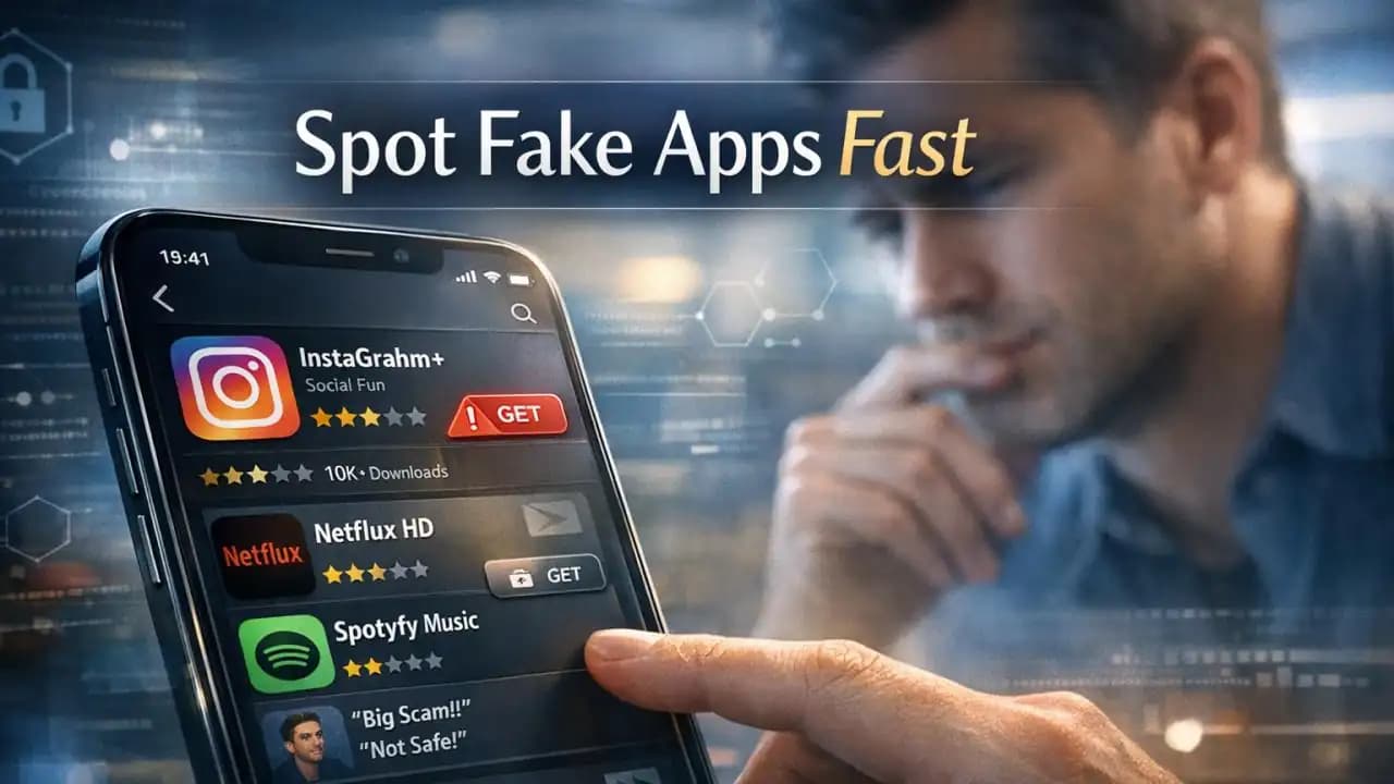 Phone screen showing suspicious app listings in an app store with warning icons