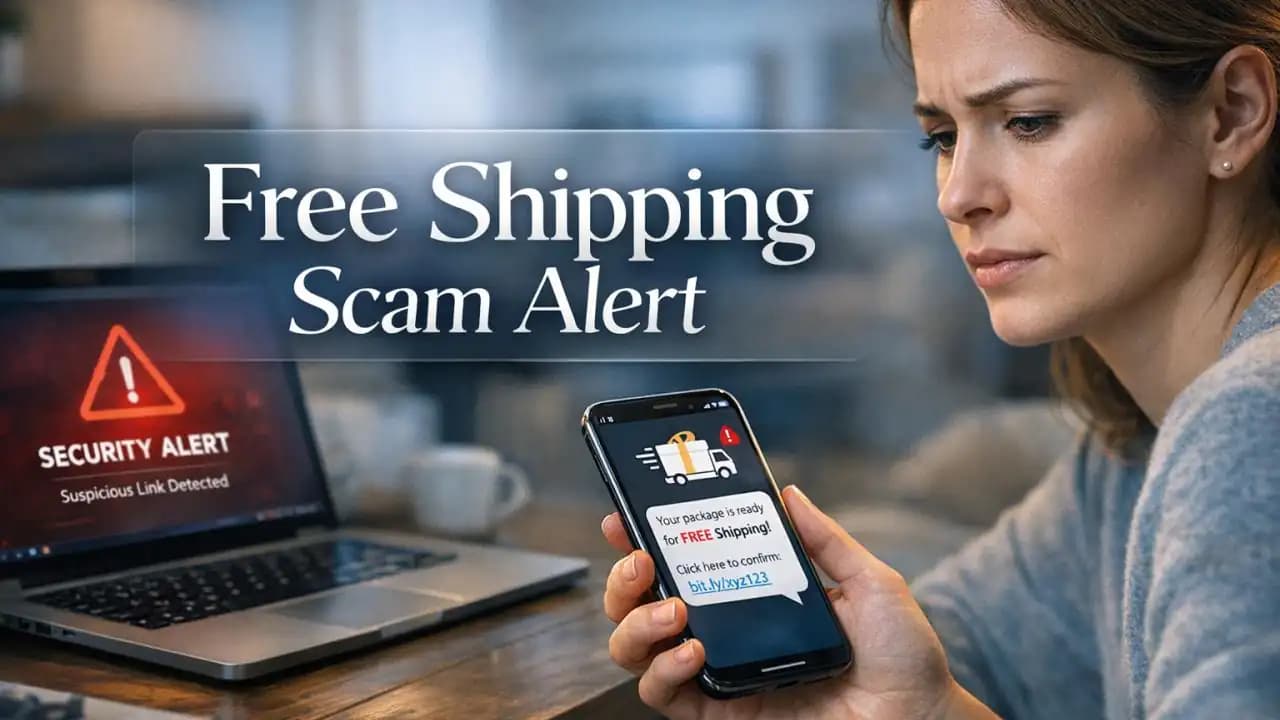 Person looking at a phone showing a suspicious free shipping message while a laptop displays a warning alert