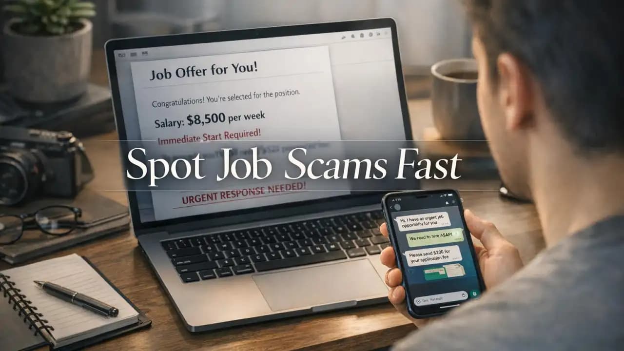 Person reviewing a suspicious online job message on a laptop and phone