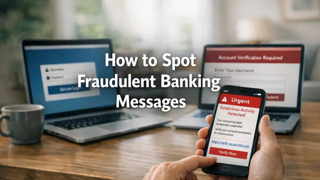 Person checking a realistic fake bank text message on a smartphone while looking concerned