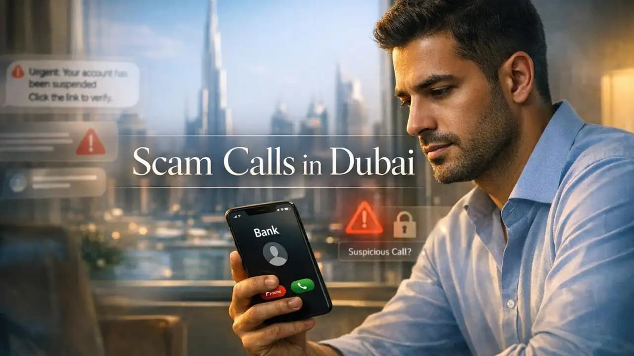 A person in Dubai looking at a suspicious incoming call claiming to be from police or a bank