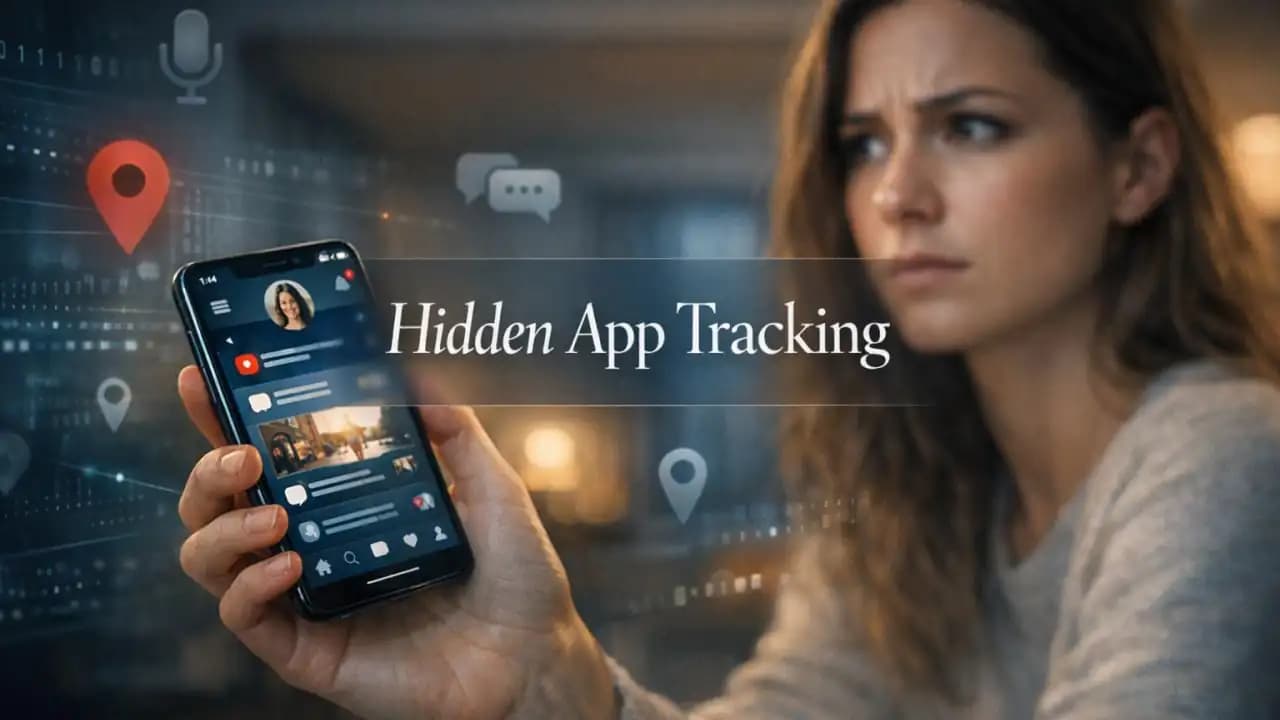 Person looking at a smartphone with privacy warning icons and suspicious app tracking indicators on screen