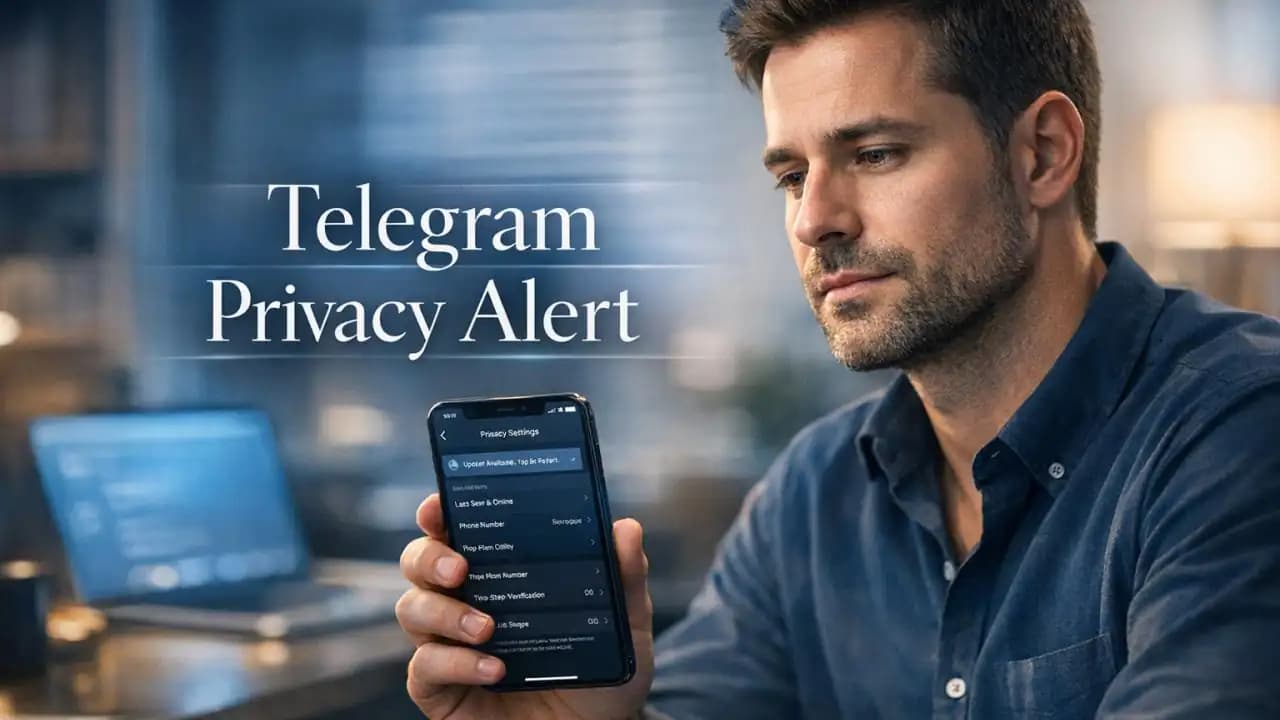 Person checking Telegram privacy settings on a smartphone after a new update alert