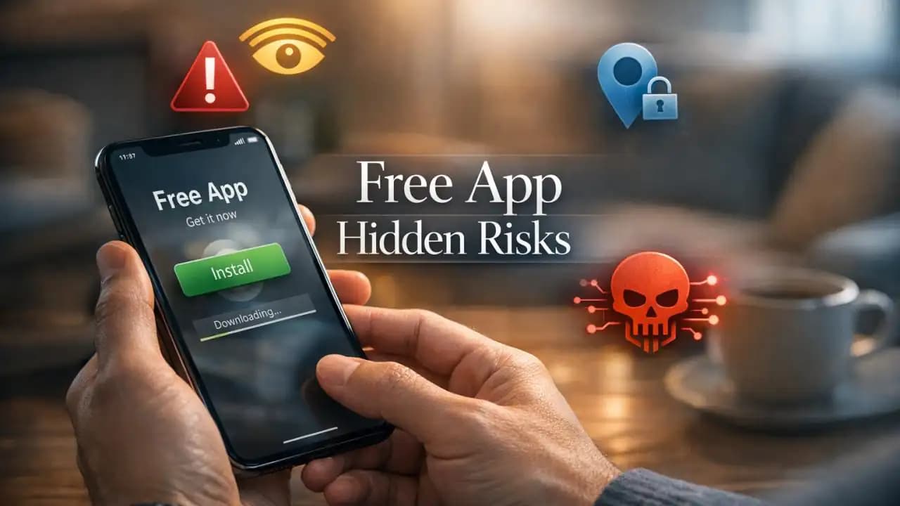 A smartphone showing a free app install screen with warning icons about privacy and security