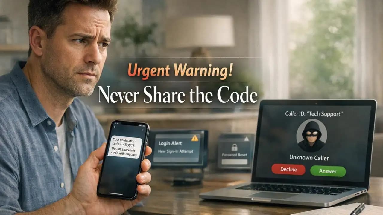 Person looking at a phone verification code message while receiving a suspicious call on another device
