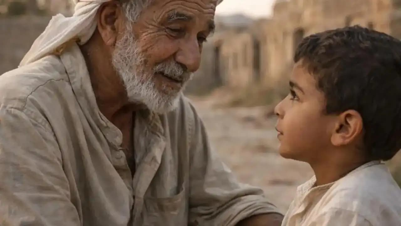 رجل عربي مسن يروي قصة لطفل في بيئة ريفية هادئة