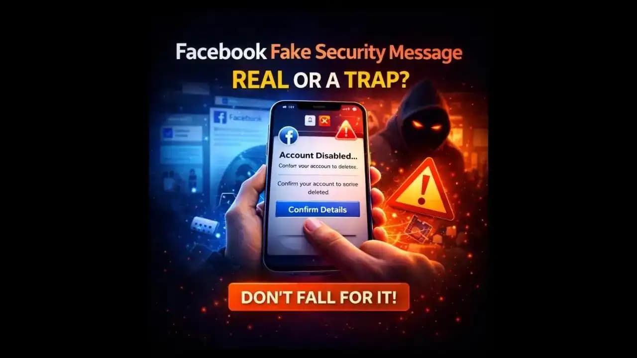 Smartphone displaying a suspicious Facebook security alert message