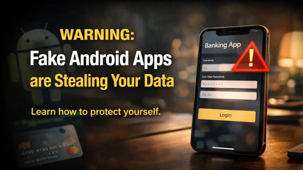 Fake Android apps warning banner showing a phone with a suspicious banking app screen