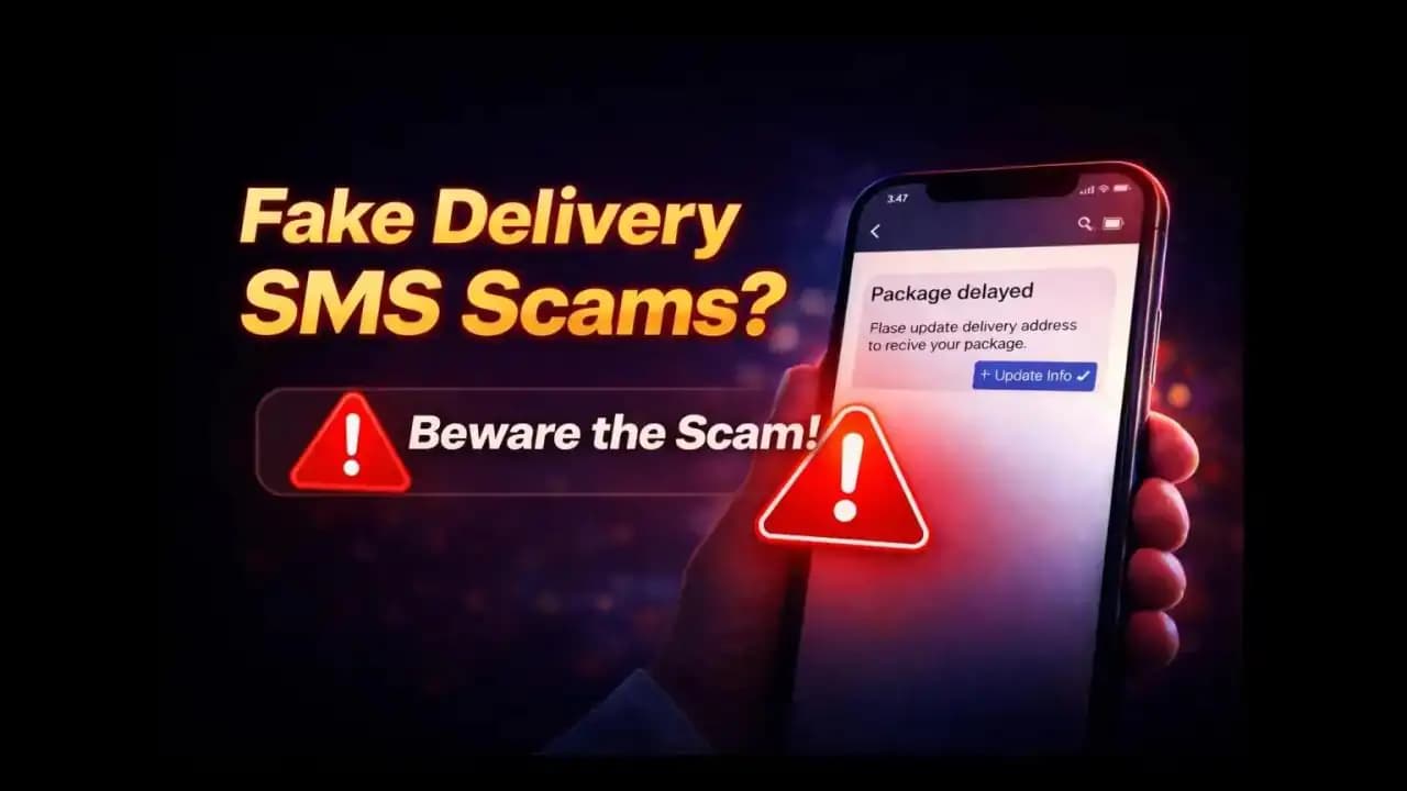 Smartphone displaying a fake delivery SMS about a delayed package