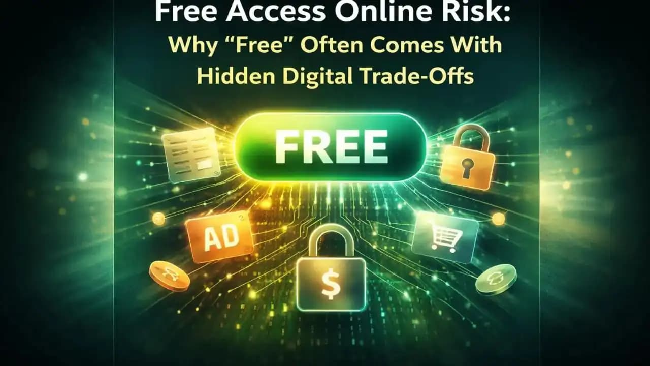 Conceptual illustration showing a free access button connected to data streams and digital trade-offs