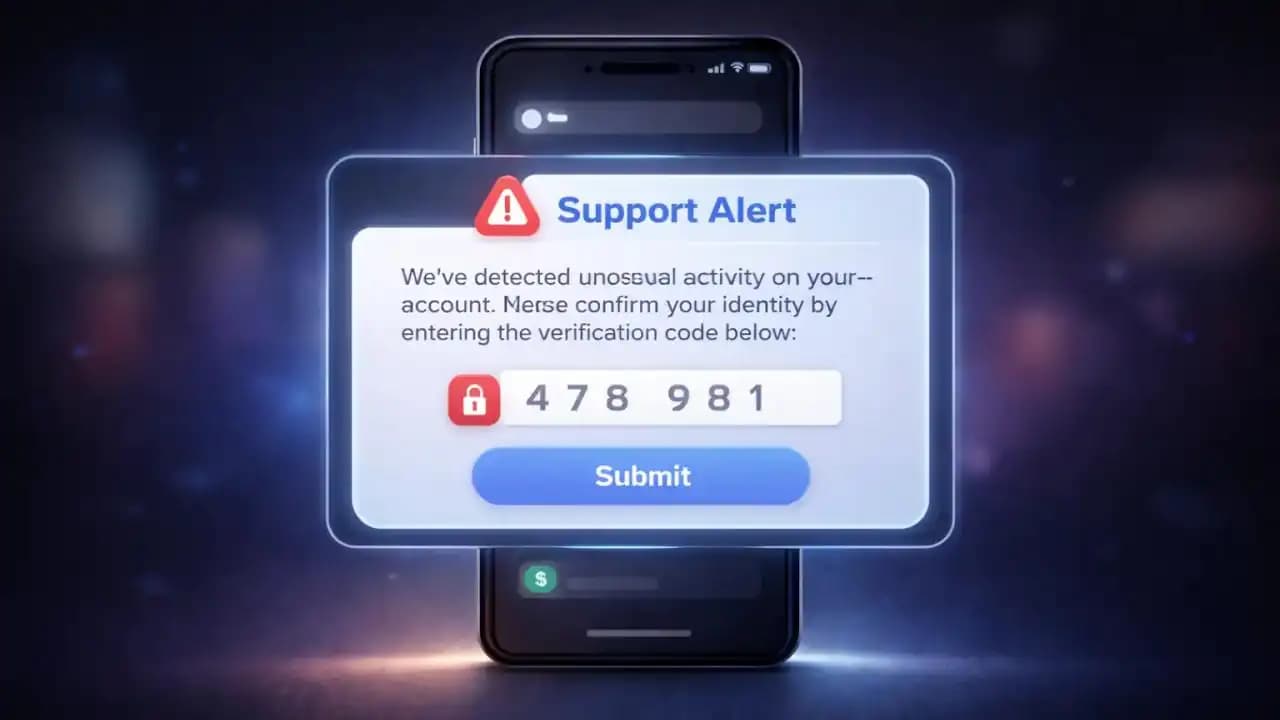 Smartphone displaying a fake support message requesting a verification code inside a modern UI panel