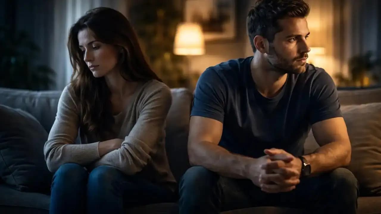 زوجان يجلسان معًا لكن بينهما مسافة عاطفية واضحة