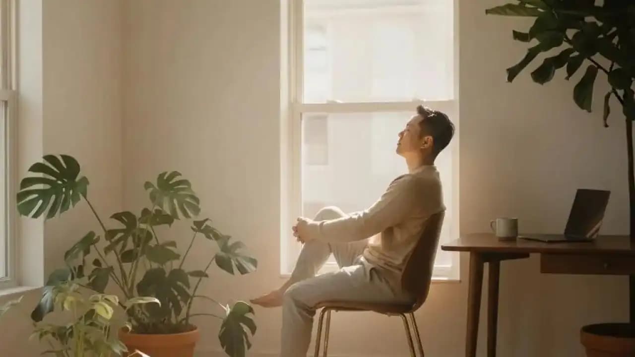 شخص يجلس بهدوء في ضوء طبيعي ويكتب في دفتر للتأمل وتنظيم الأفكار