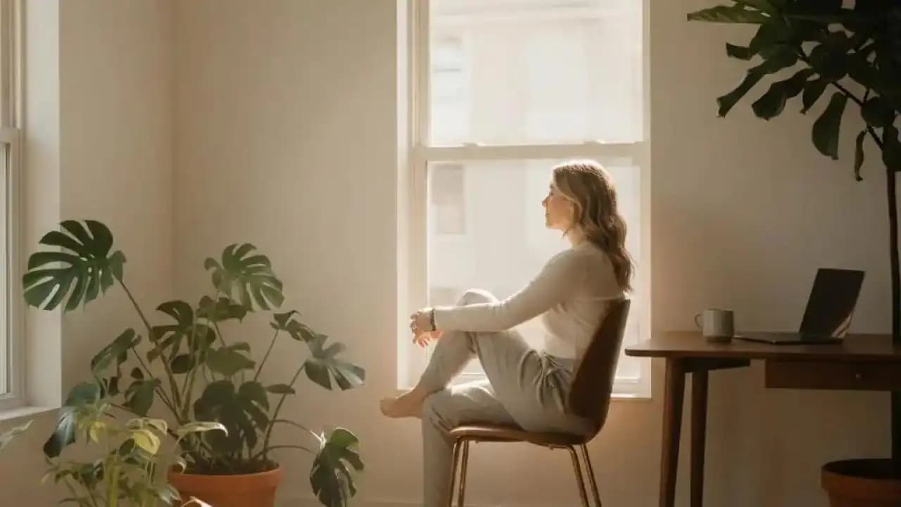 شخص يجلس بهدوء قرب نافذة في مساحة منزلية حديثة بإضاءة طبيعية ونباتات داخلية وأجواء مريحة