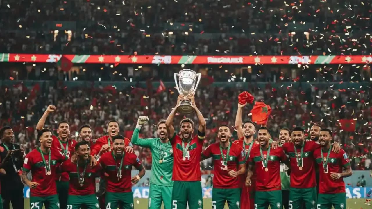 لاعبو المنتخب المغربي يحتفلون بالفوز بكأس العرب مع الجماهير