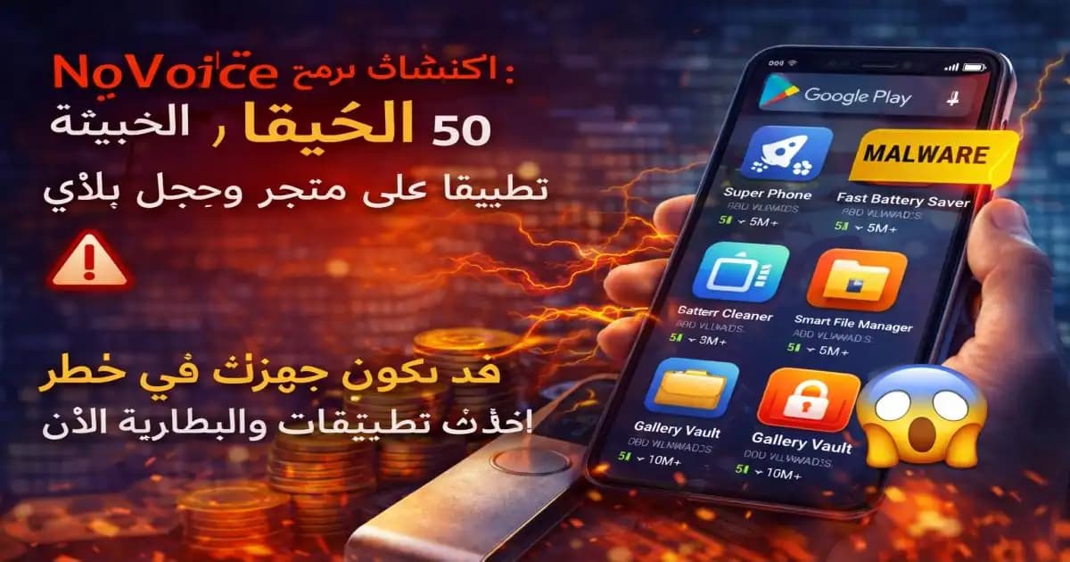 هاتف يعرض تطبيقات أدوات مشبوهة مرتبطة بفيروس NoVoice في جوجل بلاي