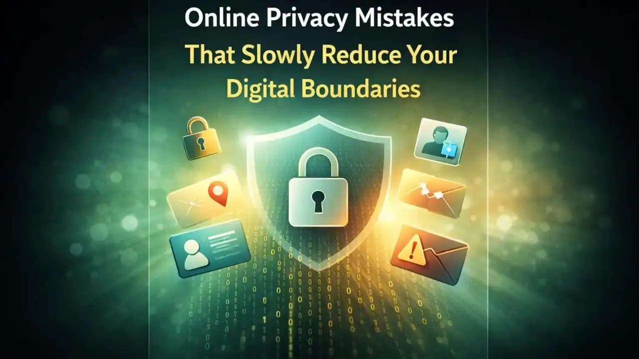 Conceptual illustration of online privacy mistakes showing a digital profile gradually fading into data streams