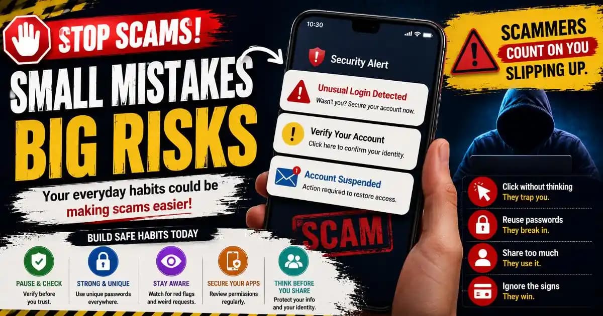 Online scam mistakes happening through rushed phone behavior and fake alerts
