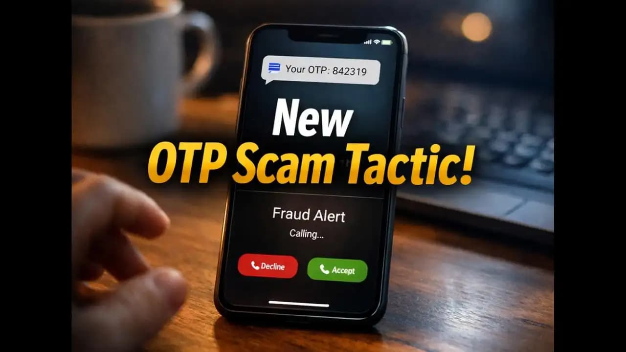 Phone screen showing an OTP scam message and an incoming fake support call