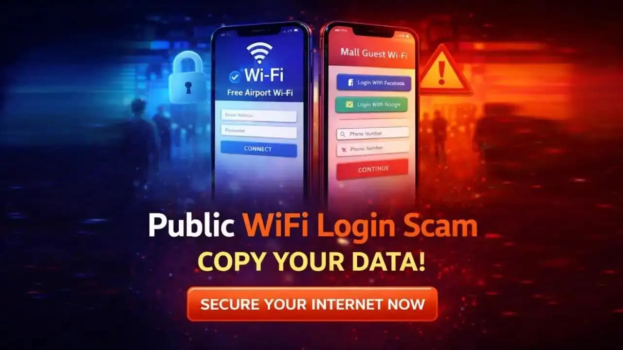 Fake public WiFi login page on smartphone in airport setting