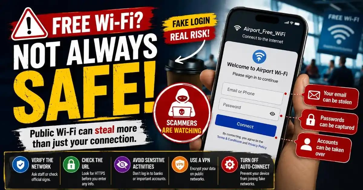 Public WiFi risks shown through a misleading login screen on a smartphone