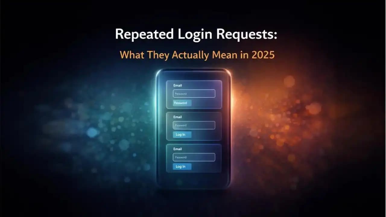 Minimalist illustration of a smartphone showing multiple login prompts against a dark gradient background