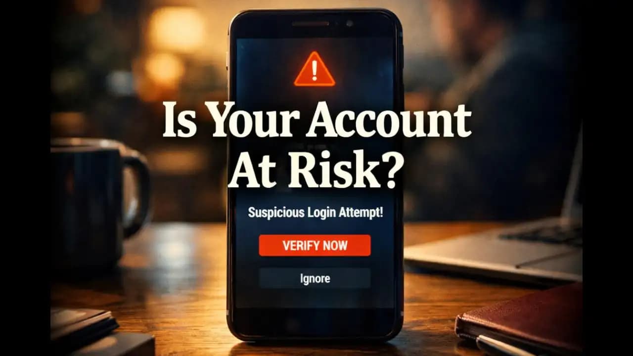 Phone showing security alert warning about suspicious login and phishing message