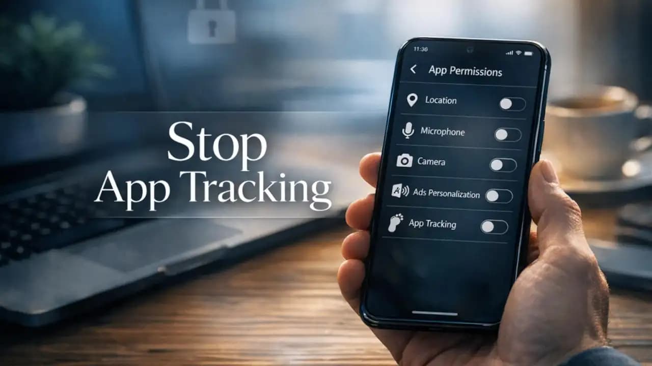 Person reviewing phone privacy settings to stop app tracking