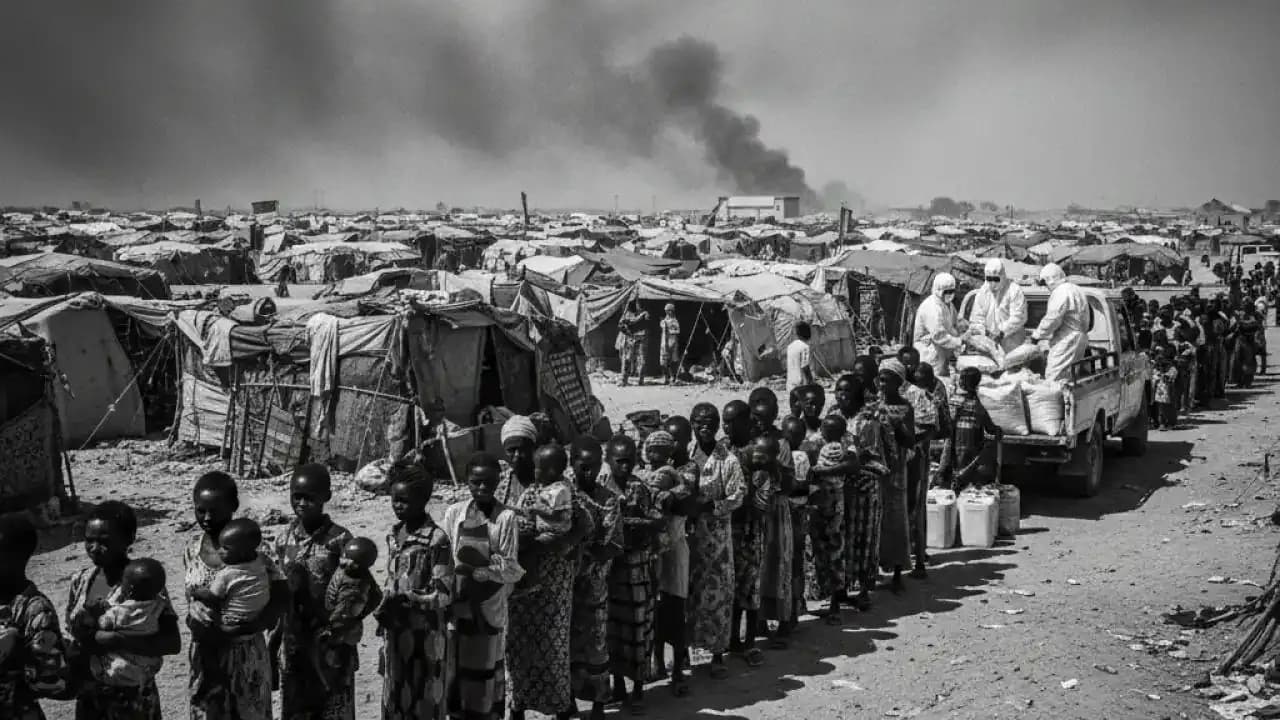 Displaced Sudanese families waiting for food aid in a crowded camp